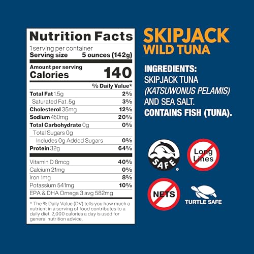 Wild Planet Skipjack Wild Tuna, Sea Salt, Canned Tuna, Pole & Line Sustainably Wild-Caught, Non-Gmo, Kosher, 5 Ounce Can (Pack O