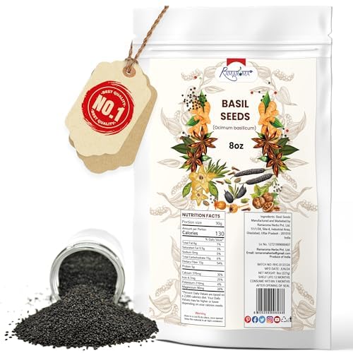 Ramaroma Basil Seeds (Tukmaria) USDA Organic, 8 oz, Plant-Based, Keto, Paleo, Vegan, High Fiber