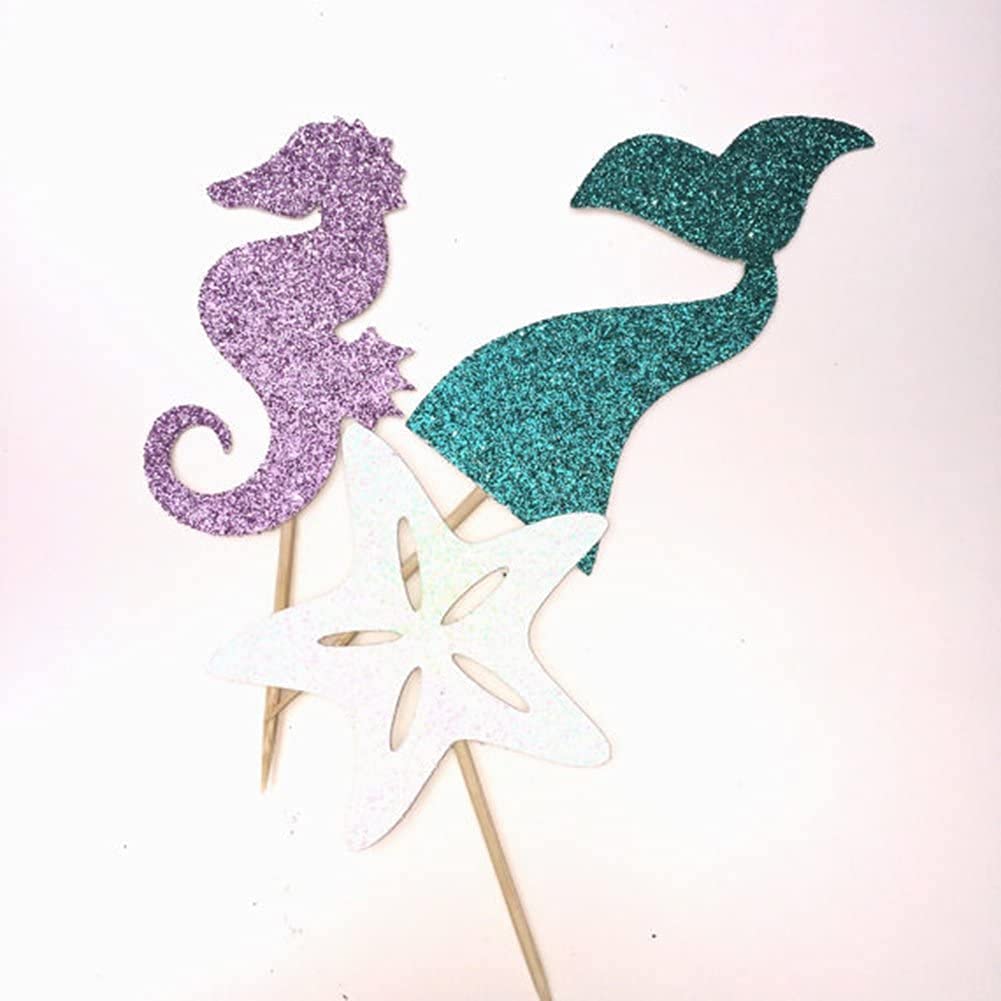 24 Pieces Mermaid Theme Glitter Cupcake Topper Cake Picks Decoration For Baby Shower Birthday Party Favors, Mermaid Tail, Seahor