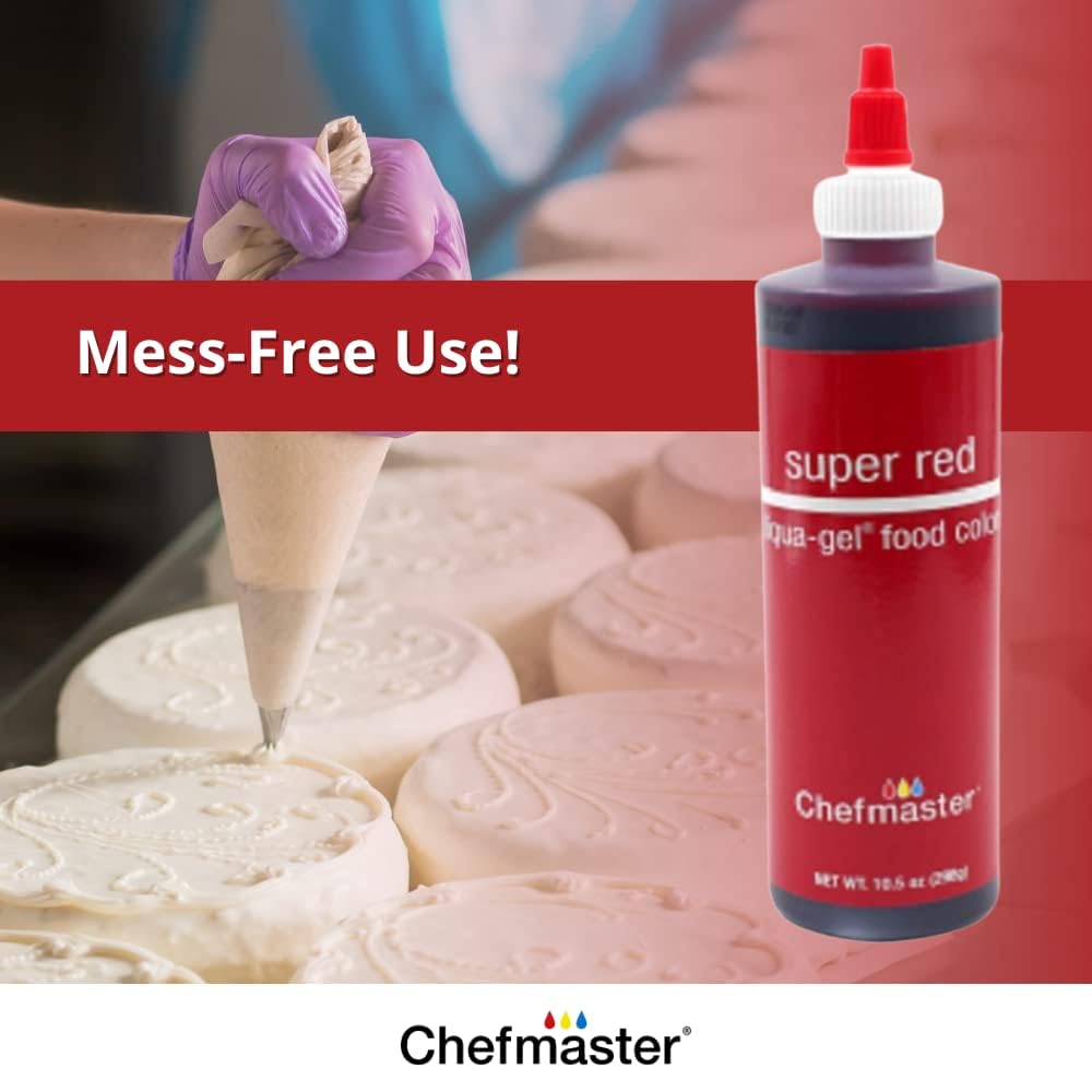 Chefmaster Super Red Liqua-Gel® Food Coloring | Vibrant Color | Professional-Grade Dye For Icing, Frosting, Fondant | Baking & Decorating | Fade-Resistant | Easy-To-Use | Made In Usa | 10.5 Oz