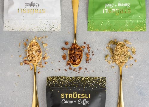 Struesli Granola Variety Pack, Organic Grain & Gluten Free Healthy Snacks, Keto & Paleo Friendly, Includes Original, Cacao + Coffee & Savory + Seed Flavors, Prebiotic Fiber, 3 Count, 9 Oz Each