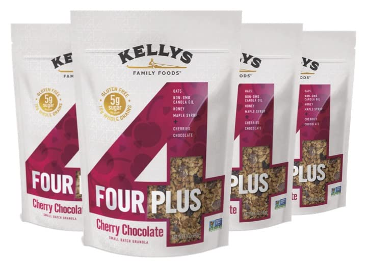 Kellys Four Plus Granola Cereal, Cherry Chocolate, Non-GMO, Low Sugar, Gluten Free, 12oz (Pack of 4)
