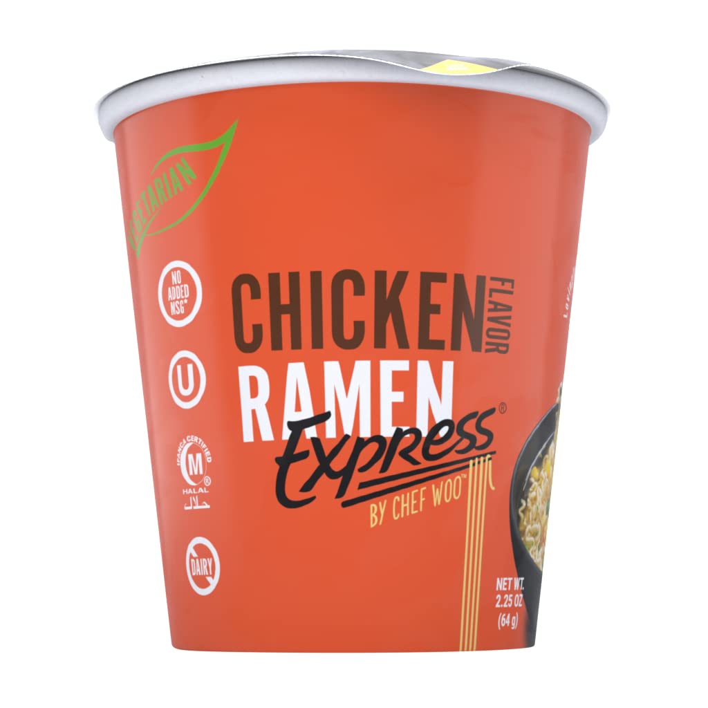 RAMEN EXPRESS Chicken Flavor Ramen Cup Noodle, 2.25 Oz Each (Pack Of 12) by Chef Woo | Vegetarian Ramen Noodles | No Added MSG |