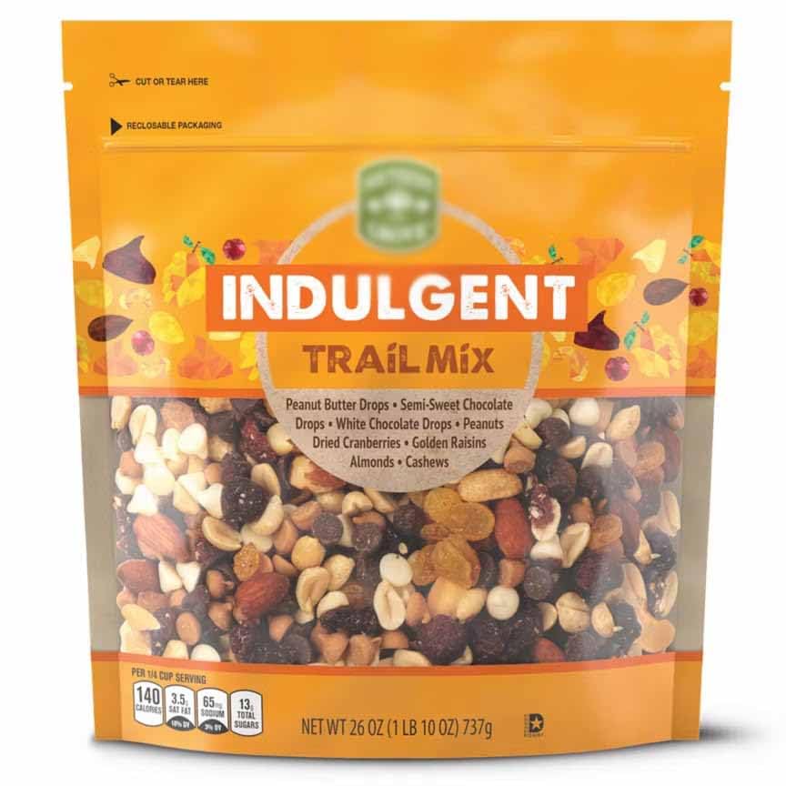 Grove Indulgent Trail Mix: Chocolate chips, Peanuts, Golden Raisins, White & Peanut Butter Drops, Almonds, Dried Cranberries, Ca
