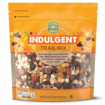 Grove Indulgent Trail Mix: Chocolate chips, Peanuts, Golden Raisins, White & Peanut Butter Drops, Almonds, Dried Cranberries, Ca