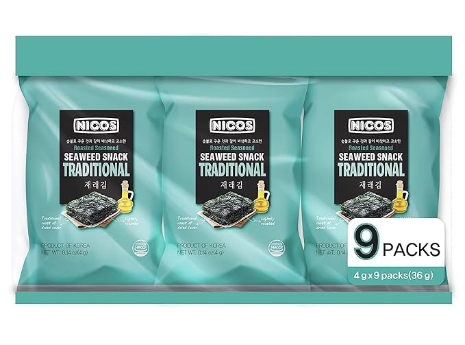 NICOS Seaweed Snack, Traditional Flavor, Roasted Seasoned, Large Pack of 18, Korean Snack for Kids & Adults