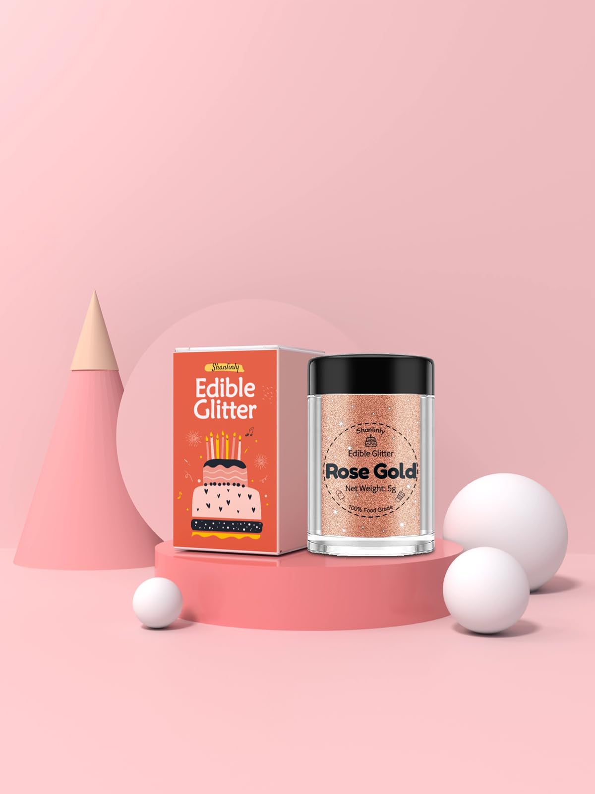 Shanlinly Rose Gold Edible Glitter - Food Grade Shimmer Dust for Cakes, Cookies, Cupcakes, 5g