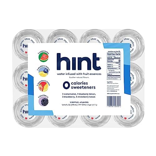 Hint Water White Variety, 3 Bottles Each Of: Watermelon, Blackberry, Blueberry Lemon, And Strawberry Lemon. Flavored Water With Zero Calories, Zero Sugar, And Zero Sweeteners, 16 Fl Oz (Pack Of 12)