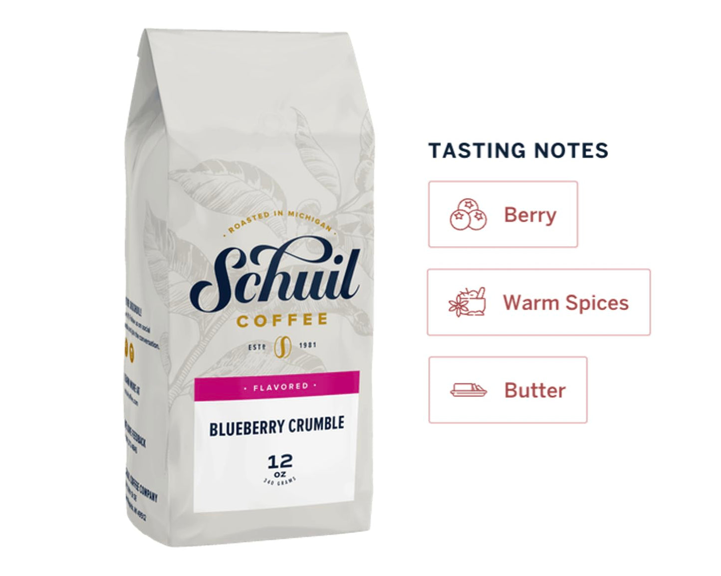 Blueberry Crumble, Schuil Whole Bean Coffee, Enhanced Roasted Gourmet Coffee Beans, Smooth And Full Bodied Artisan Coffee 12 Oz Bag (Blueberry Crumble)