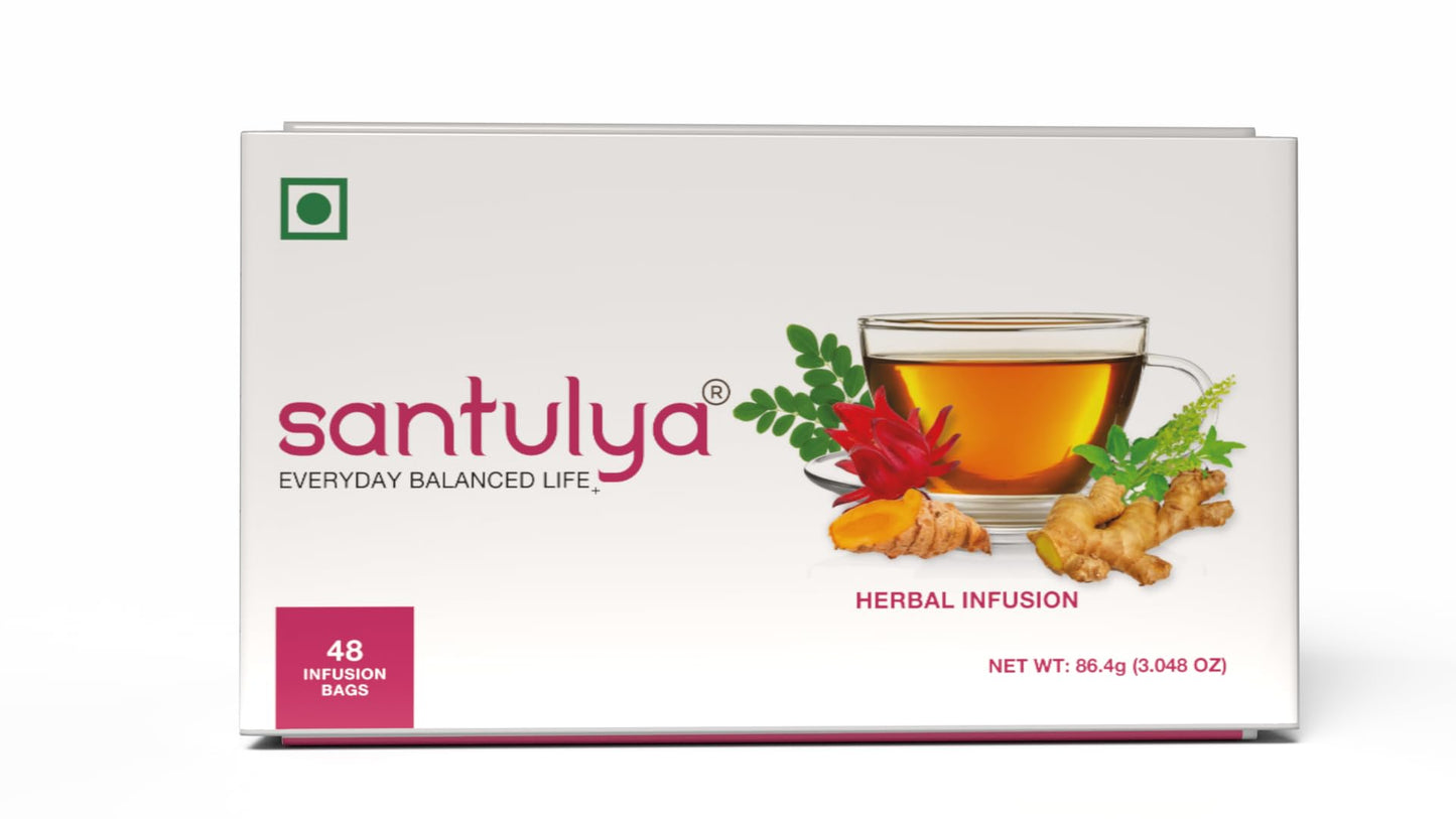 SANTULYA Herbal Tea - Turmeric, Tulsi, Moringa, Hibiscus, Ginger, 48 Count, Natural, Non-GMO, No Preservatives