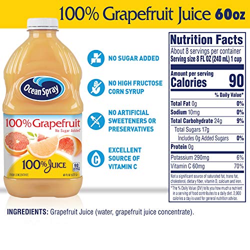 Ocean Spray 100% Grapefruit Juice, 60 Fl Oz (Pack of 8) - Refreshing Citrus Flavor, Perfect for Breakfast or Cocktails