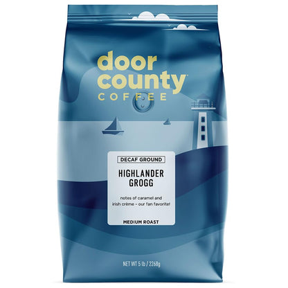 Door County Coffee Highlander Grogg DECAF Flavored Coffee Ground - 5 lb Bag - Flavored Ground Medium Roast - 100% Specialty Arab