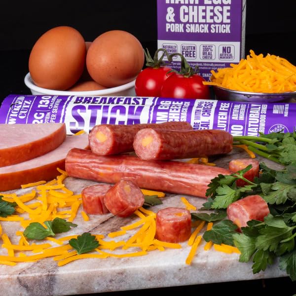 Wicked Cutz Ham Egg and Cheese Stick  12g Protein Per Gluten Free Breakfast Stick  USA Made High Protein Carnivore Snacks  Breakfast Meat Sticks (12 Sticks)
