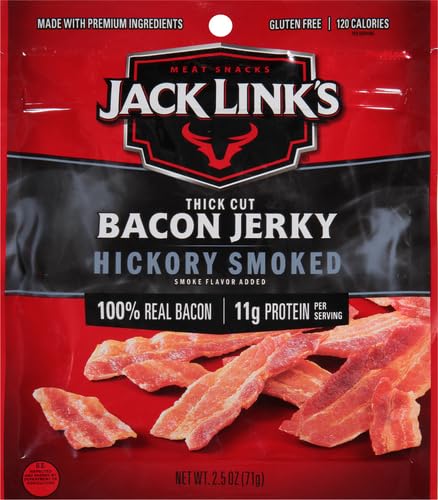 Jack Links Bacon Jerky, Hickory Smoked - Flavorful Ready To Eat Meat Snack With 11G Of Protein Per Serving, Made With 100% Thick Cut Real Bacon, Protein Snack, Keto Friendly, 2.5 Oz.
