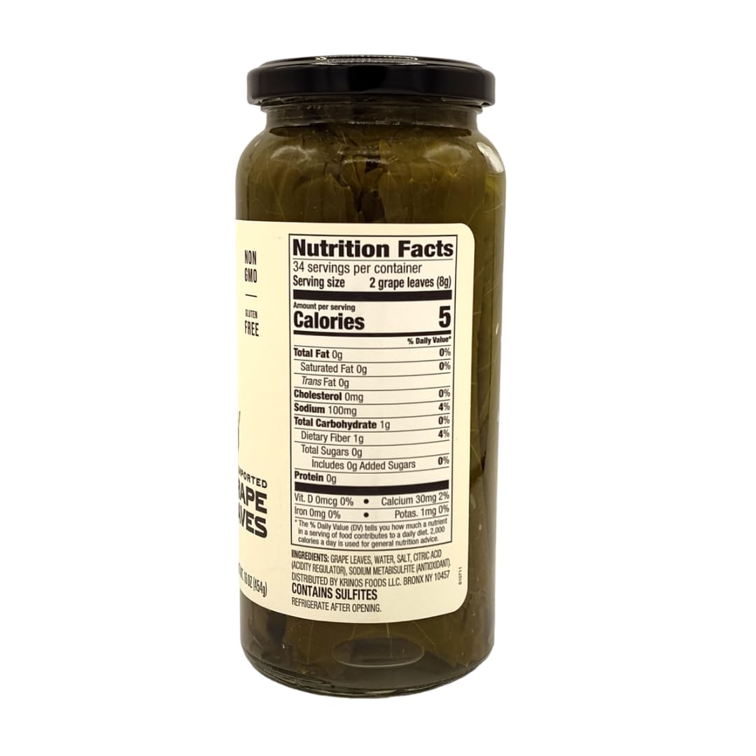 Krinos Grape Leaves In A Jar - Gourmet Leaves Premium Quality, 16 Ounces (454 Grams)