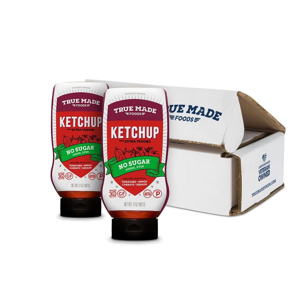 True Made Foods - No Sugar Added Ketchup - Condiment Squeeze Bottles Made With Fruit And Veggies For Barbeque Grilling And Bbq Toppings, Healthy Sauce For Cookout, Whole 30, Keto, Vegan(17Oz, 2 Pack)