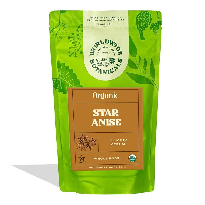 Worldwide Botanicals Organic Star Anise Root - 6 Oz - 100% Illicium Veflavor Blend - Whole  Fragrant  Anise & Licorice-Like Flavor For Tea  Culinary Recipes  Potpourri  Perfumes  Beverage-Styles - 6 Ounces