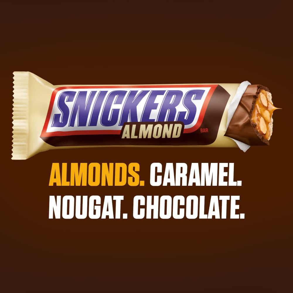 Snickers Candy Almond Milk Chocolate Bars Bulk Pack, 1.76 Oz Bars (Pack Of 24)