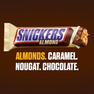 Snickers Candy Almond Milk Chocolate Bars Bulk Pack, 1.76 Oz Bars (Pack Of 24)