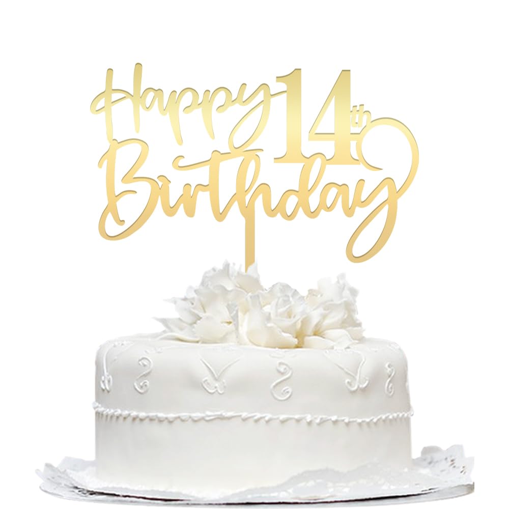 Bekaterea Happy 14 th birthday cake Topper,Mirrored Gold Acrylic Durable Cake Topper,14th Birthday Party Cake Decor s,Hello 14th