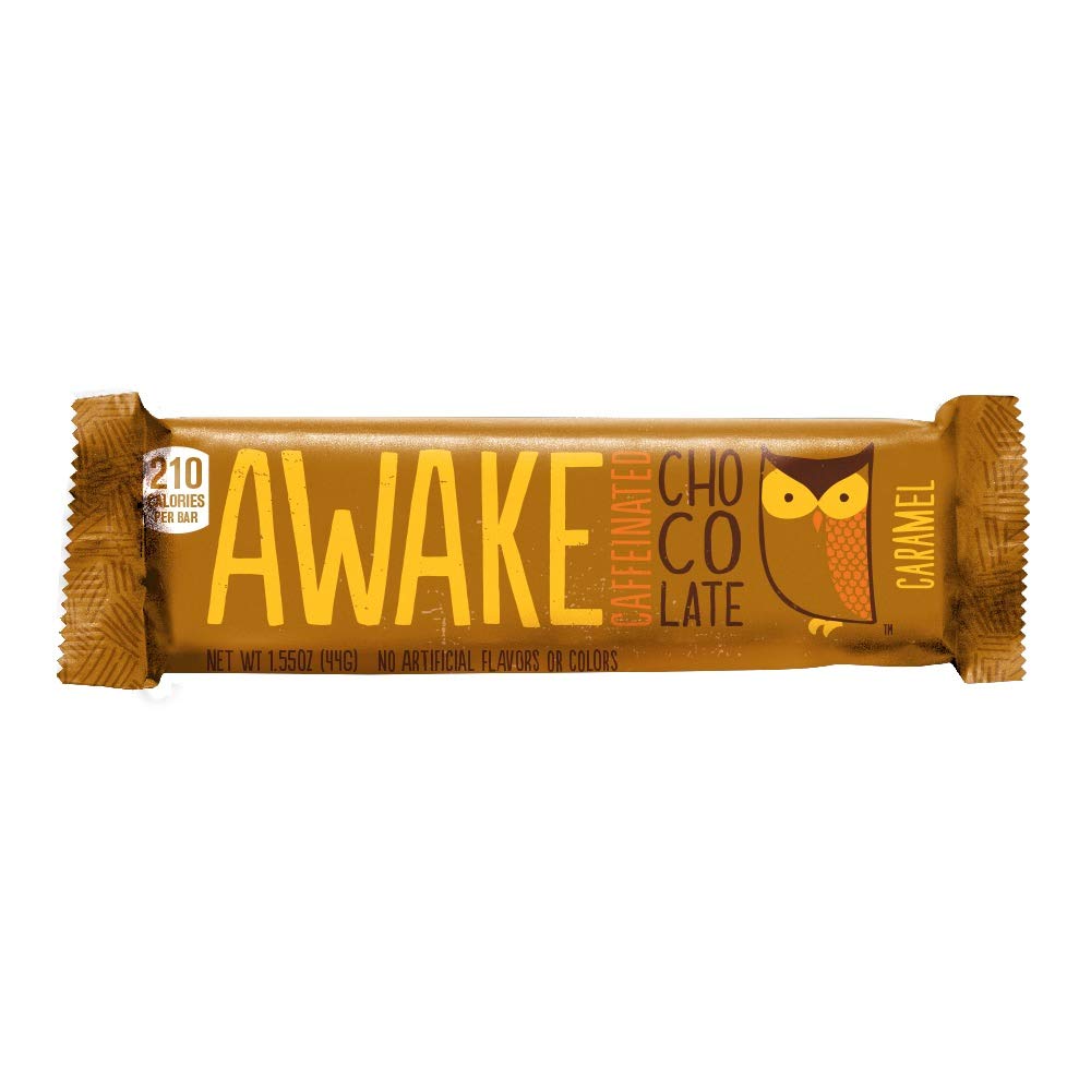 AWAKE Caffeinated Chocolate Bars - Caramel Milk Chocolate, 12 Count, Gold, 100mg Caffeine, Fairtrade, Gluten Free, Non-GMO