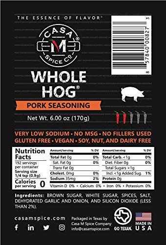 Casa M Spice Co Whole Hog Pork Seasoning  Very Low Sodium  Low Salt  No Msg  Gluten Free  Bbq Spices (Original, Plastic Shaker (