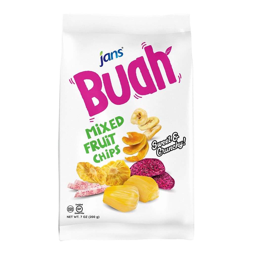 Jans Buah Mixed Fruit Chips, 7 Oz (Pack of 6 ) Tropical Mix of Red Dragonfruit, Pineapple, Banana, Jackfruit, Taro, Pumpkin Chip
