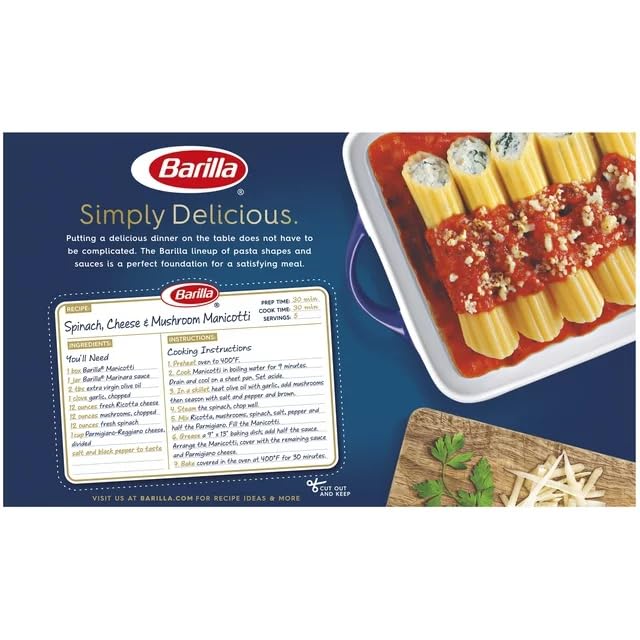 Barilla Manicotti Pasta, 8 oz. Box - Non-GMO Pasta Made with Durum Wheat Semolina - Kosher Certified Pasta