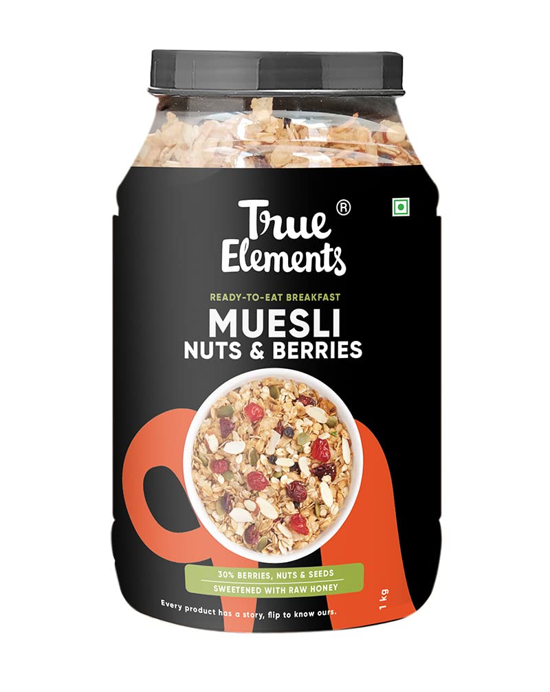 True Elements Crunchy Nuts & Berries Muesli, Almonds& Cranberries 1kg - Muesli Nuts Delight - 30% Berries, Nuts and Seeds | Prot