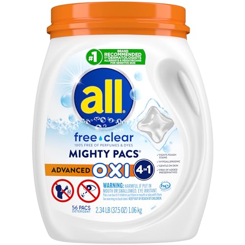All Laundry Detergent Pacs, Mighty Pacs With Oxi Stain Removers And Whiteners, Free Clear, Unscented And Dye Free, 56 Count