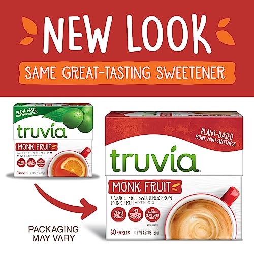 Truvia Calorie-Free Sweetener from the Monk Fruit Packets, 60 Count Monkfruit Box (Pack of 2)