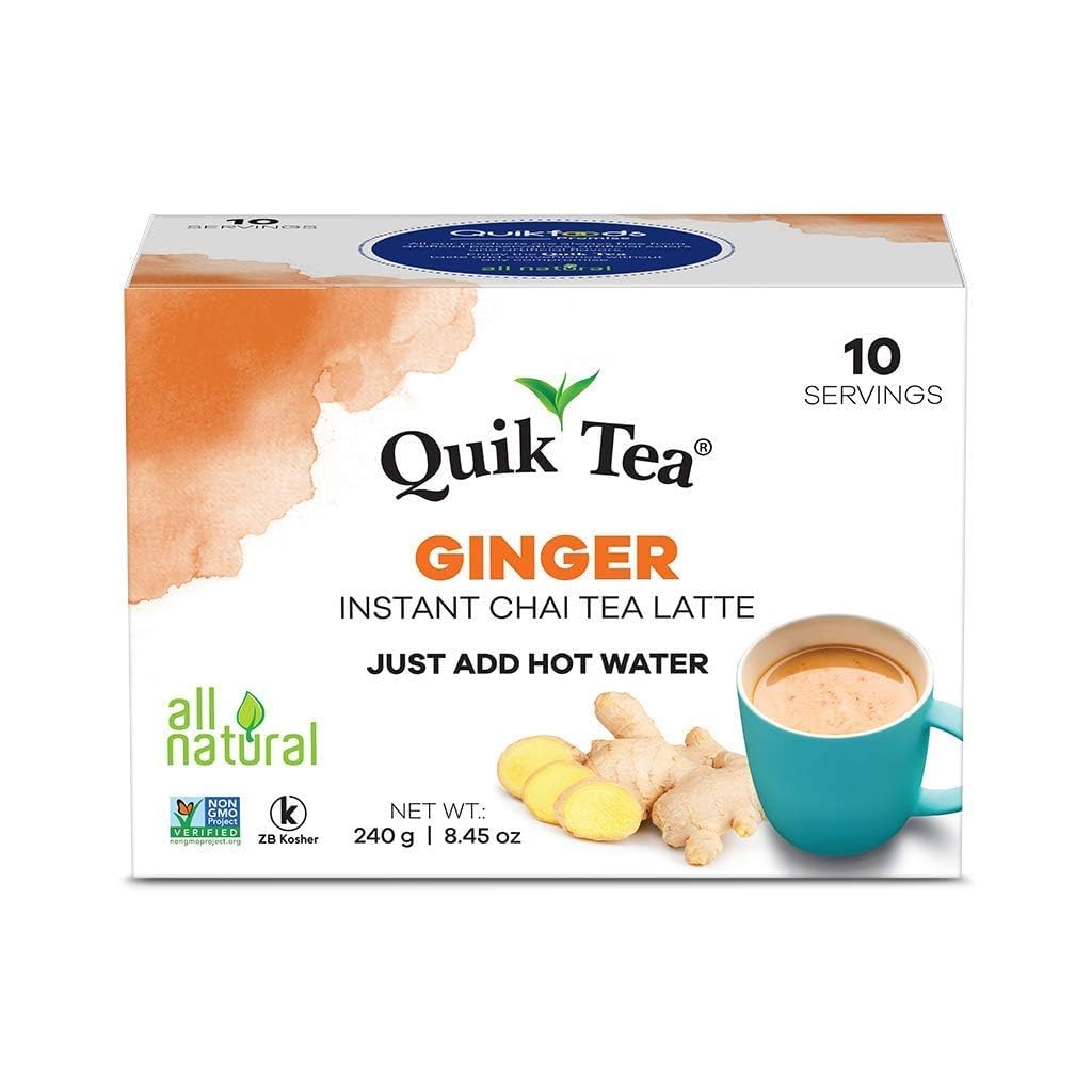 Quiktea Ginger Chai Tea Latte - 10 Count Single Box - All Natural Preservative Free Authentic Instant Chai From Assam