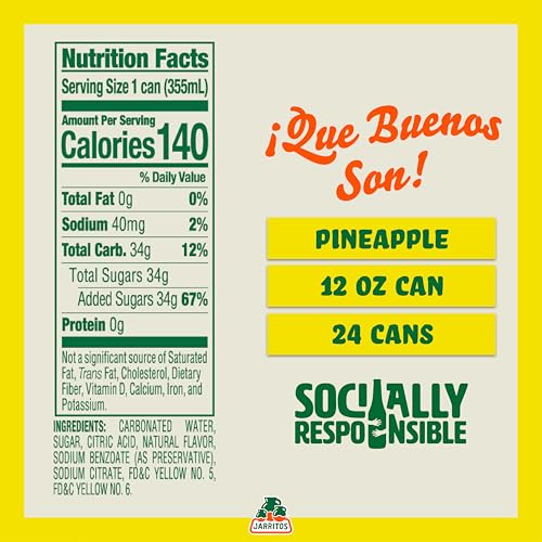 Jarritos - Mexican Soda Soft Drinks  Pineapple (12 oz  355ml) 24 Cans (3 Boxes of 8) - Real Cane Sugar - 0g Fat - Made in Mexico - Natural Flavor Soda Pop - Party & BBQ Beverages