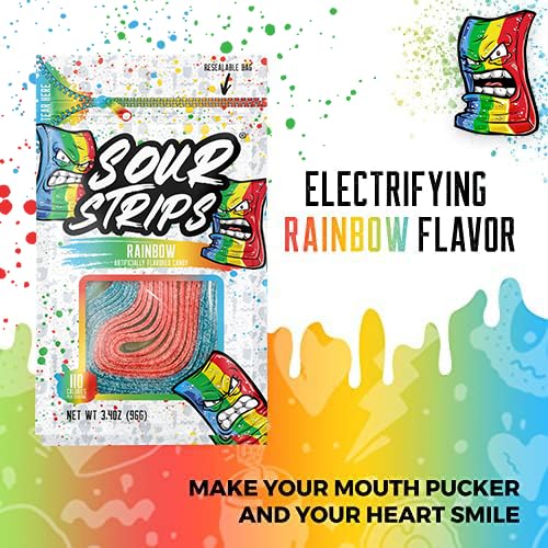 SOUR STRIPS Sour Candy Strips, Chewy Vegetarian Belts, Rainbow Flavor, 3 Pack