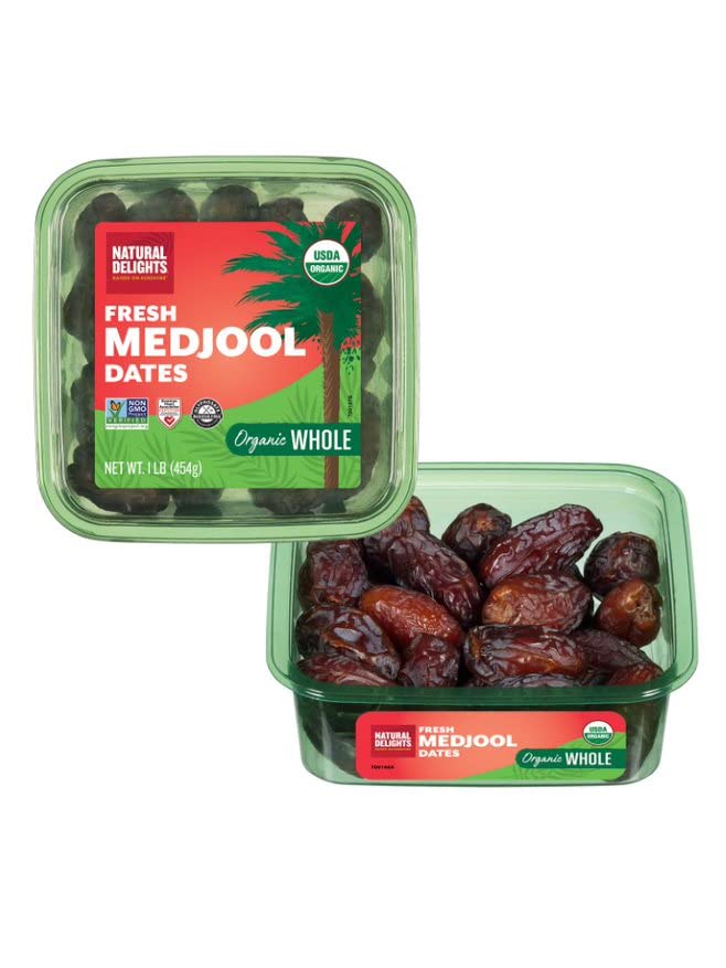 Natural Delights Organic Medjool Dates - Large & Plump, 1 lb Container, USDA Certified, Non-GMO, Good Source of Fiber, Naturally Sweet Snack