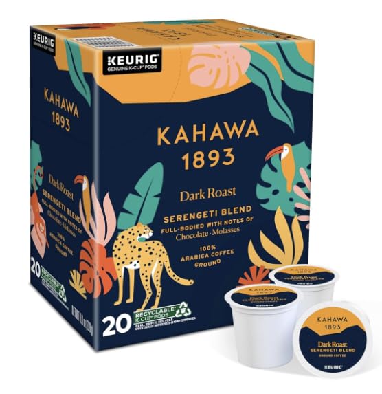 KAHAWA 1893 Dark Roast Coffee K-Cup Pods, Serengeti Blend, Low Acid, High Antioxidants, 20 Count