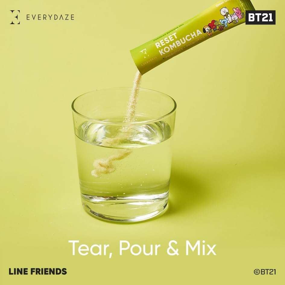 Everydaze Bt21 Reset Kombucha Tea Powdered Beverage Mix | 10 Sticks | Prebiotics + Probiotics | Vegan | No Added Sugar, Gluten F