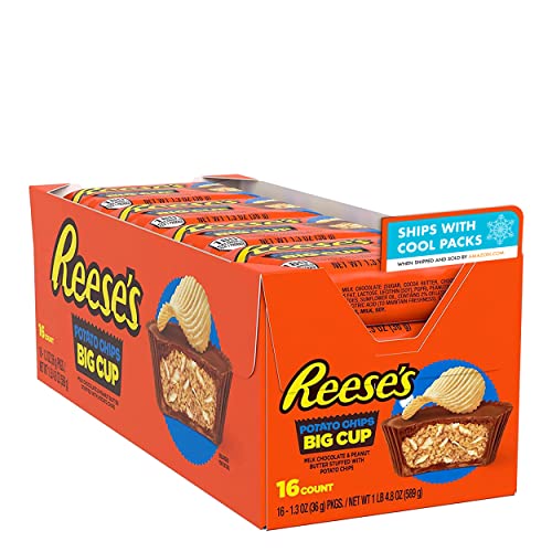 REESE'S Big Cup Peanut Butter Cups with Potato Chips, Candy Packs, 1.3 oz (16 Count)