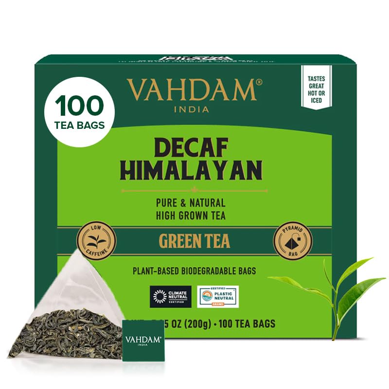 VAHDAM Decaf Himalayan Green Tea Bags - Caffeine Free, Non-GMO, Gluten Free, 100 Count, Resealable Ziplock Pouch