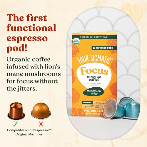 Four Sigmatic Focus Coffee Pods Compatible with Nespresso Original | Organic Dark Roast Espresso with Added Focus | Mushroom Coffee Enhanced with Lions Mane | Original Dark Roast 10ct