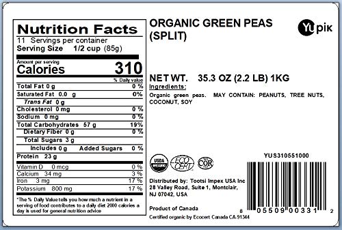 Yupik Organic Split Green Peas, 2.2 Lb (Pack Of 6)
