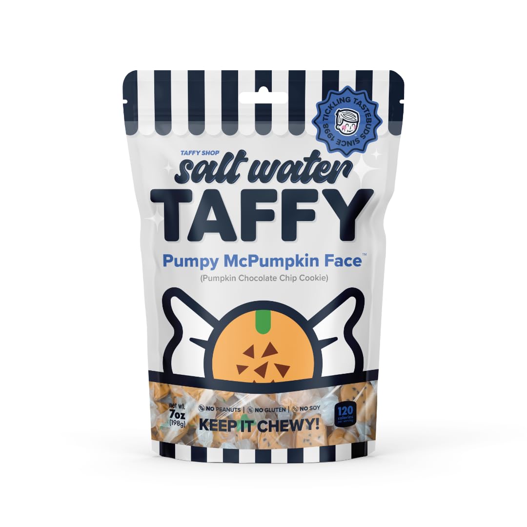 Taffy Shop Pumpy McPumpkin Face, Pumpkin Chocolate Chip Cookie Salt Water Taffy - Gourmet Soft Chewy Candy, Bulk Sweet Snack, Fr