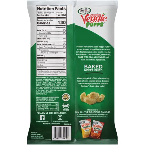 Sensible Portions Garden Veggie Sour Cream & Onion Flavored Baked Corn Puffs, 3 oz (Pack of 6)