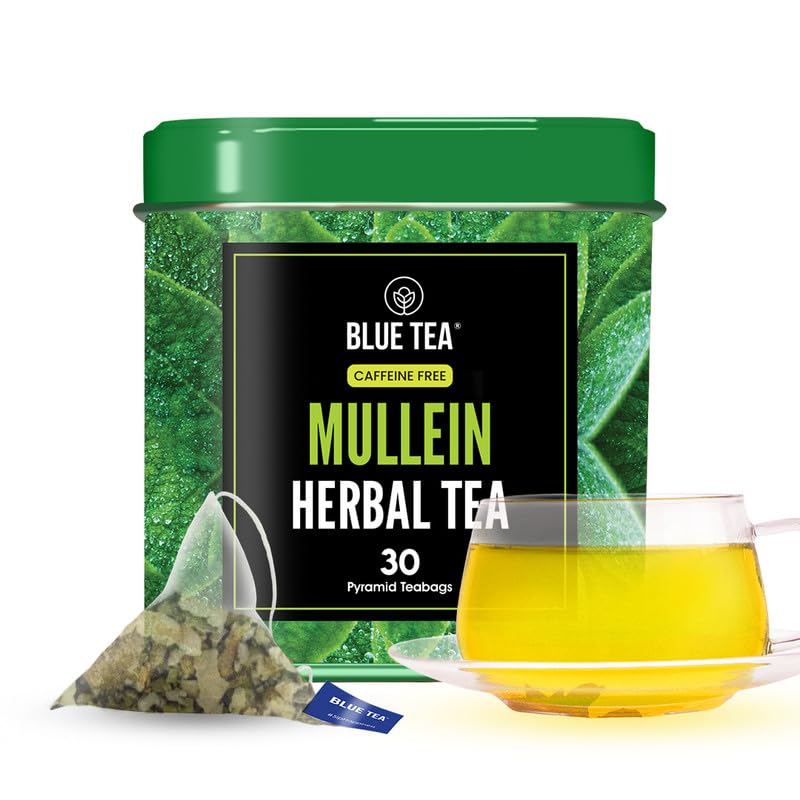 BLUE TEA Mullein Tea Bags - Herbal, Caffeine Free, Vegan - 30 Count Pyramid Bags