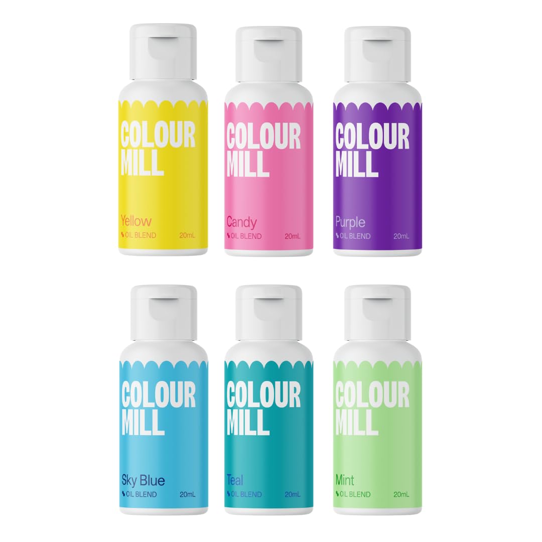 Colour Mill Pool-Party Pack Oil-Based Food Coloring, 20 Milliliters Each of 6 Colors: Candy, Mint, Purple, Sky Blue, Teal and Ye