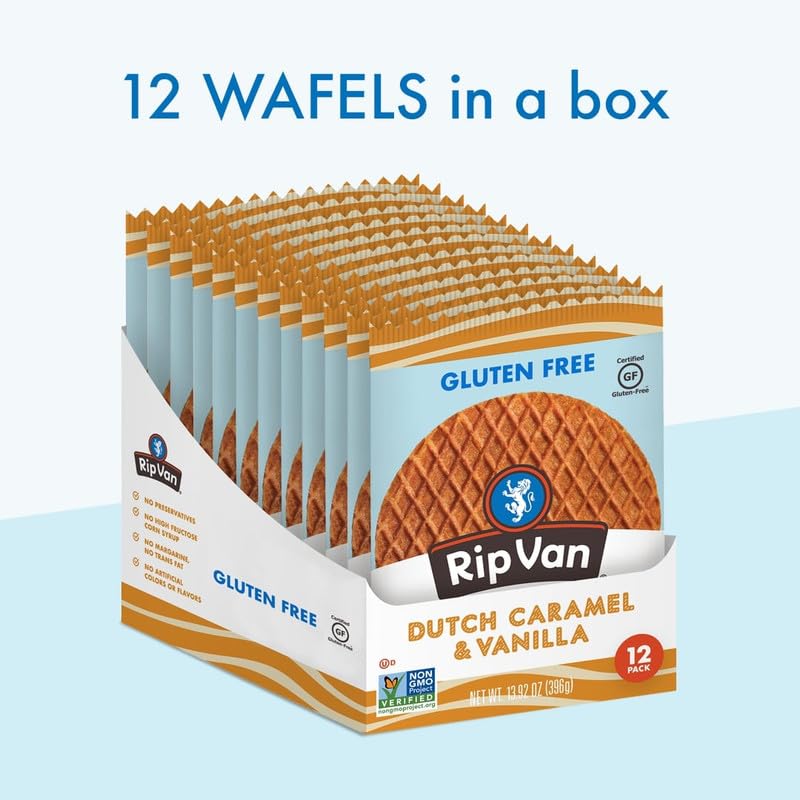 Rip Van Wafels Gluten-Free Stroopwafel - Dutch Caramel & Vanilla Stroopwafels Healthy Snacks Non-GMO Low Sugar (6g) Calorie, 12