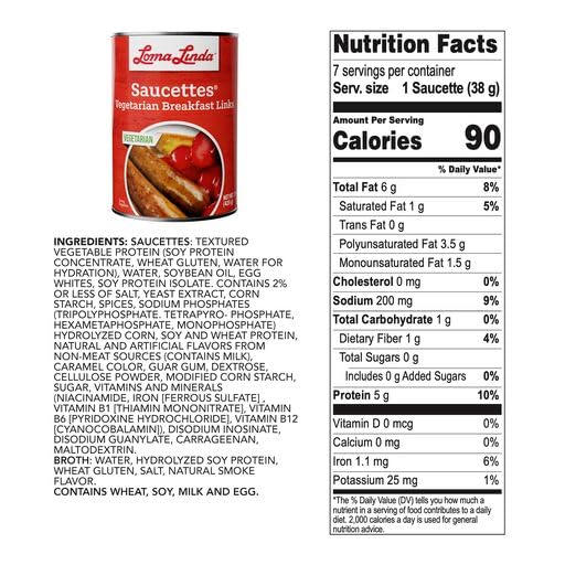 Loma Linda Plant-Based Saucettes Sausage, 15 oz, 12 Pack, Vegan, Meat Alternative