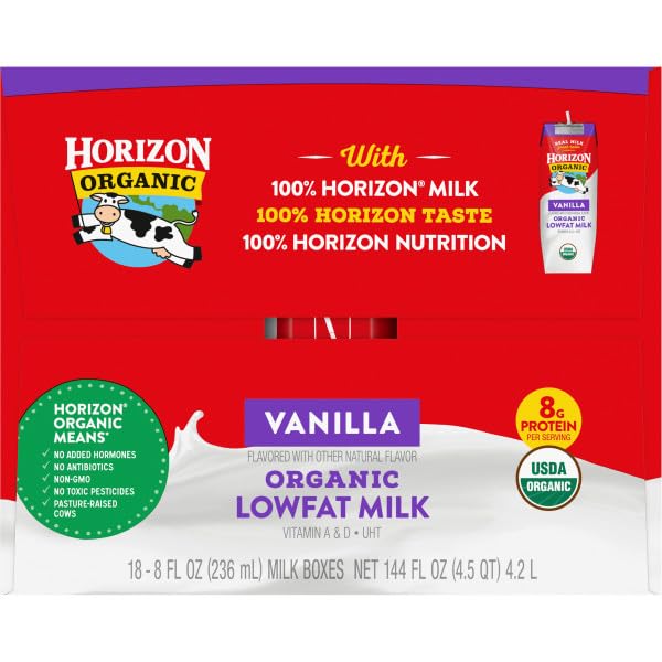Horizon Organic Shelf Stable 1% Lowfat Vanilla Milk Boxes, 8 fl oz, 18 Count - 8g Protein per Serving, USDA Organic UHT, Ready t