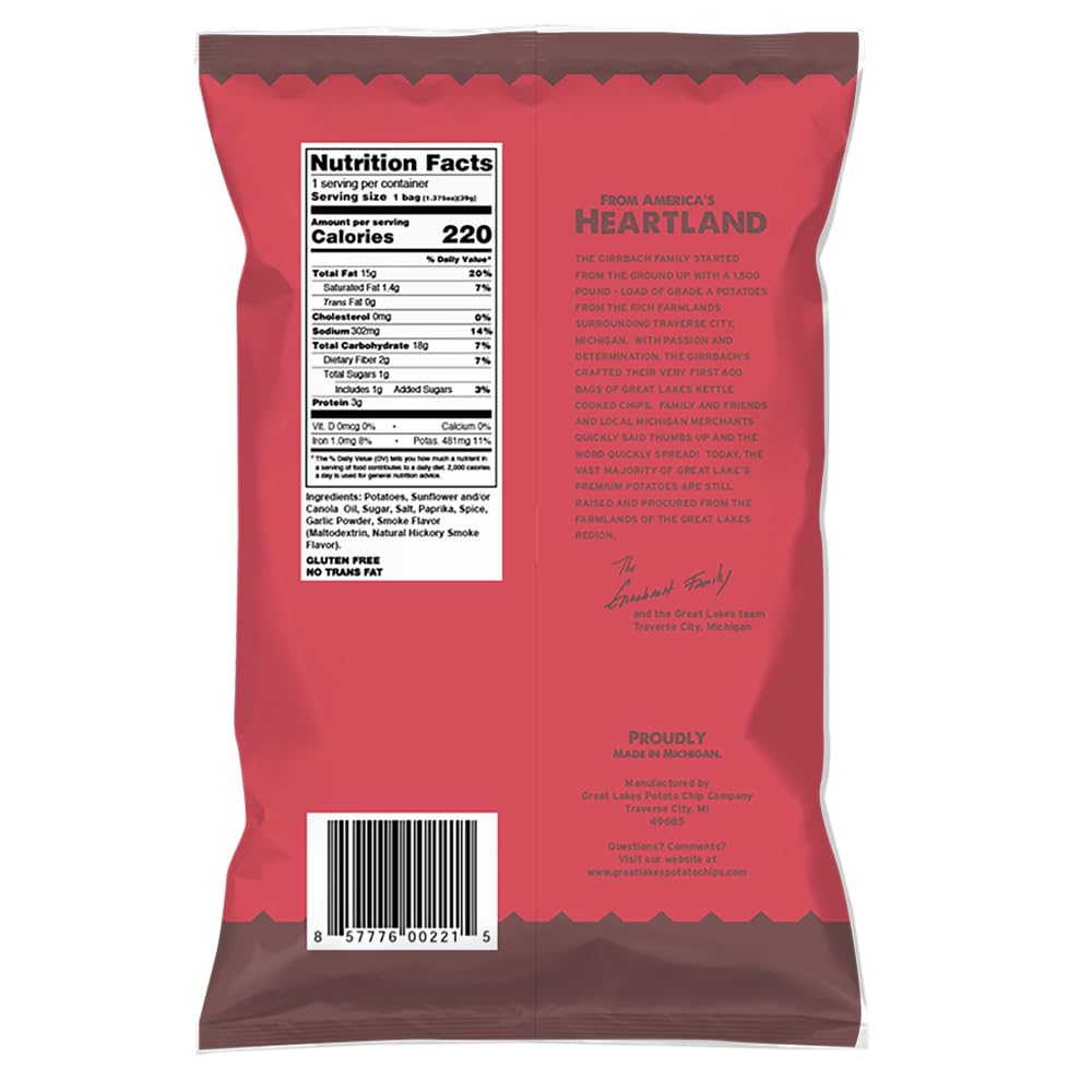 Great Lakes Potato Chip Co. Barbeque Kettle Cooked Potato Chips, Individual Snack Size Case (Pack of 40, 1.375 Oz. Bags)