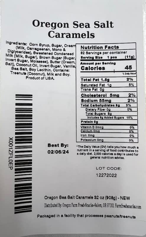 Oregon Farm Fresh Snacks Salted Caramel Gourmet Candy - Oregon Made Caramel Candy With Sea Salt And Vanilla - Gluten Free Delicious Chewy Sea Salt Caramels - Soft Caramels Individually Wrapped (16 Oz)